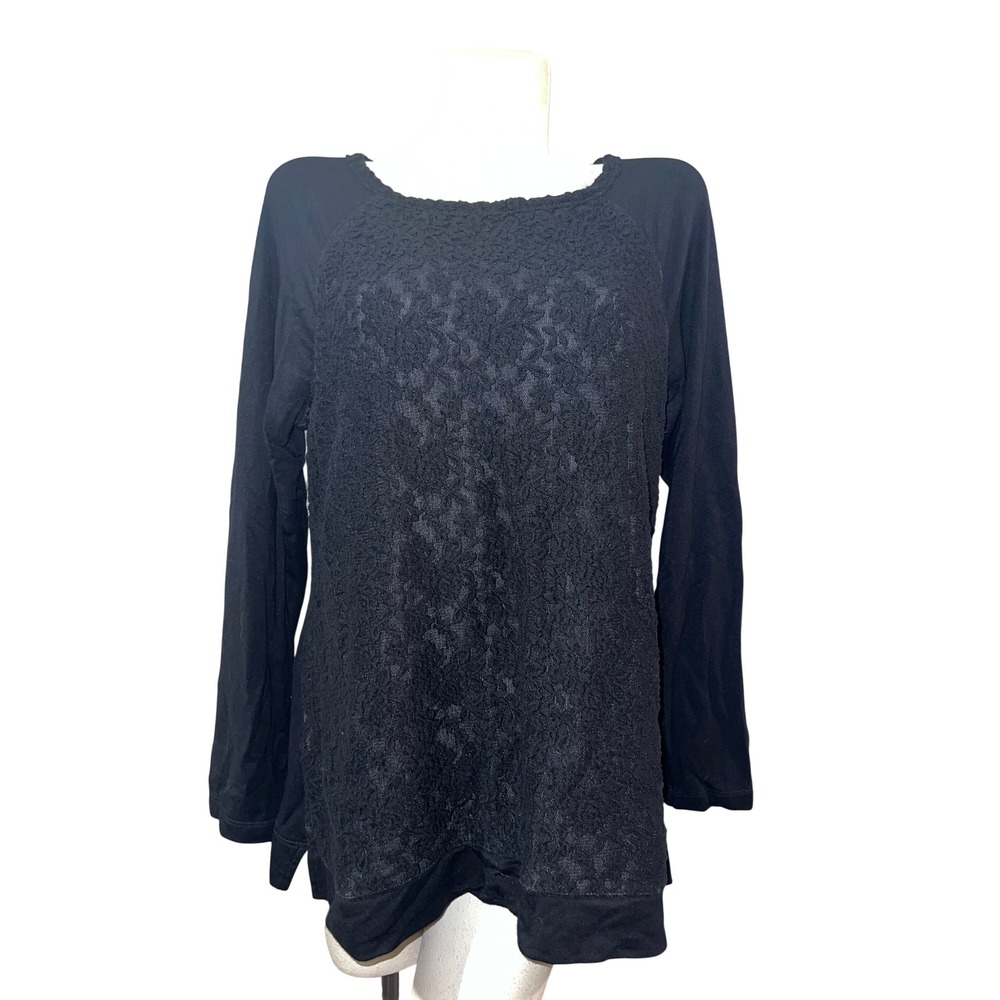 Soma Live Lounge Wear Black Lace Front Long Sleeve Top Sz XL Raglan Modal Blend